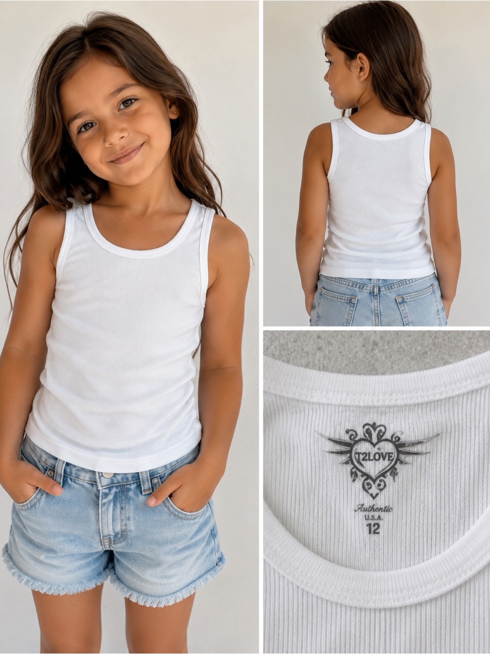 T2LOVE Girls White Ribbed Tank Top Size 12 Made in USA Cotton Modal Stretch